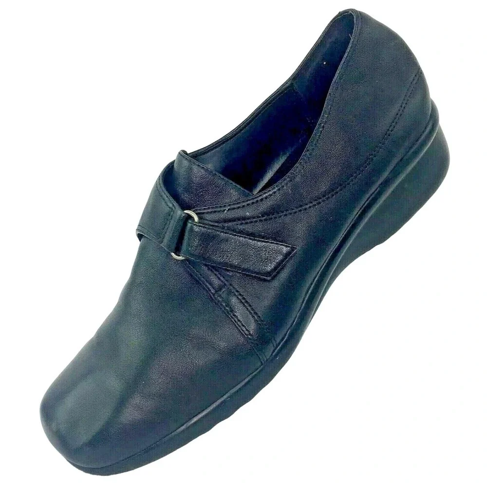 Strictly Comfort Leather Slip On Adjustable Shoes Womens 11 M Black Hook & Loop